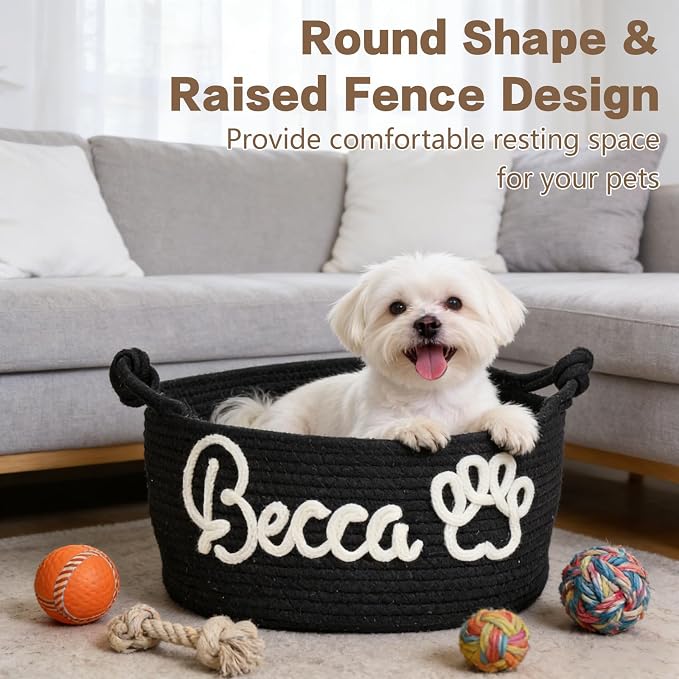 Personalized Dog Cat Toy Basket w/ Embroidery Name, Puppy Storage Bins | Customized Kitten Cute Handmade Cotton Rope Organizer for Snacks, Pet Supplies, Easter Birthday Gifts Basket for Pets