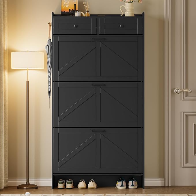 BORNOON Shoe Storage Cabinet for Entryway, Farmhouse Narrow Shoe Cabinet with 3 Flip Drawers & 2 Top Drawers, Adjustable Shelves & Hooks, Freestanding Hidden Rack Organizer for Hallway, Foyer