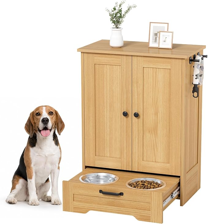 Dog Cabinet, Dog Feeding Station with Hidden Pull-Out Feeder, Oak | 5.9" Elevated Feeding Height, 2 Stainless Steel Bowls, Adjustable Shelf, 3 Side Hooks, Dog Food Storage Organizer