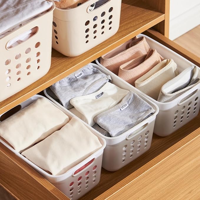 9 Pack Plastic Storage Basket, Small Pantry Organizer Basket Bins, Rectangular Storage Tray Baskets Container with Handle for Shelf, Household, Desktop (Beige, White, Gray)