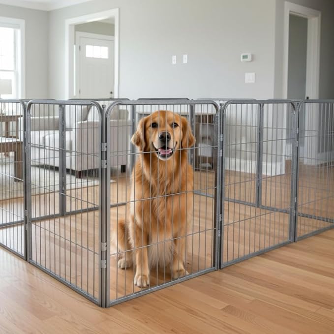 Indoor Dog Playpen - 24 inch, 8 Panels for Small and Puppy Size Dogs - Play Pen w/Extra Wide Gate - Heavy Duty Metal Portable Pet Fence with Grey Anti-Rust Coating