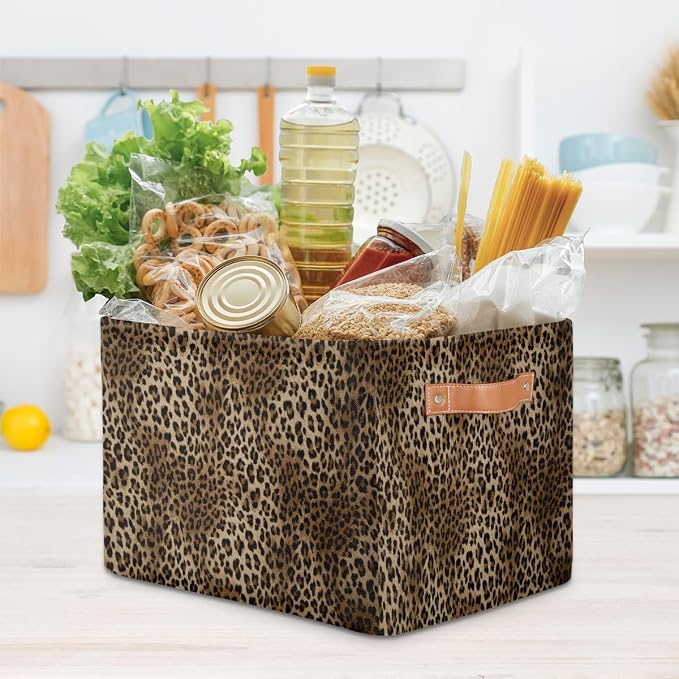 Basket Storage Bins Animal Leopard Cheetah Skin Rectangle Cube Basket Box Kids Girls Boys Toys Organizer Beaket Decor Foldable with Handle for Living Room Bedroom Closet Nursery Office Shelf Gifts