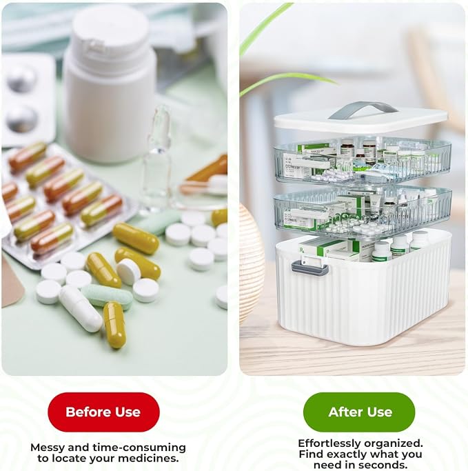 Multi-Tier Medicine Storage Box with Handle | Portable First Aid Organizer for Home, Office & Travel | Large Pill Storage Cabinet with Bonus 7-Day Pill Case (3-Tier & 4-Tier Variants) (4-Tier)