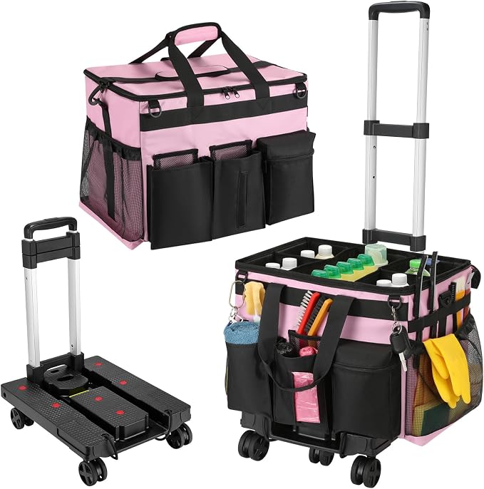 Housolution Extra Large Rolling Cleaning Caddy Bag with Wheels, Pink | Upgrade 360° Free Rotating, Detachable Trolley & Dust-Proof Lid, High load Bearing & Waterproof