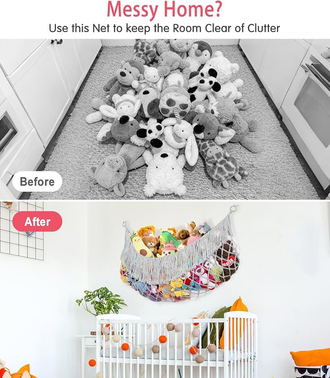 Stuffed Animal Hammock - Extra Large 63'' Long (Light grey) | Premium Cotton Hand-knitted, Beautiful Long Tassel, Storage Hanging Organizer, Can Fit Stuffed Animals 40 Piece or More