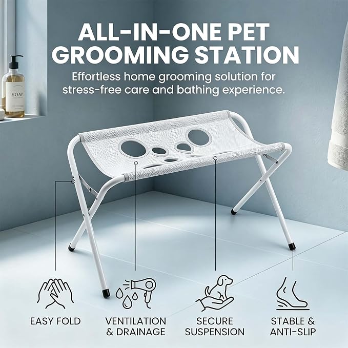 Pet Bathing Hammock, Foldable 8-Hole Grooming Stand for Small Pets (Grey) | Easier Pet Bathing, Less Scratches and Bites, Sturdy Frame Quick-Dry Mesh, Ideal for Dogs & Cats, Nail Trimming and Grooming