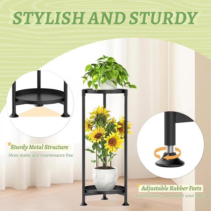 KMOTASUO 2 Tier Metal Plant Stand Tall for Indoor Outdoor Corner, Black | Heavy Duty Flower Holder Rack, Modern Vertical Iron Shelf for Patio Bathroom Office Garden