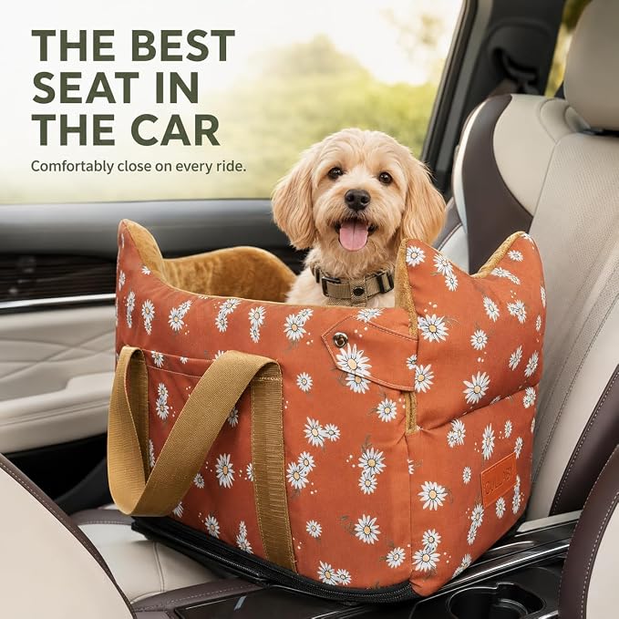 Dog Car Seat for Small Dogs 5-15 lbs,Cofe Color | Pet Travel Booster Seat with Safety Leash, Detachable Seat Belt,Storage Pockets