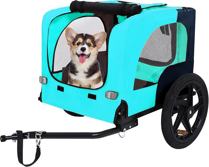 Pet Bike Trailer for Dogs, Foldable Dog Bicycle Trailer Carrier with Quick Release Wheels, Waterproof Oxford Fabric, Safety Leash & Reflective Lights for Small Medium Pets up to 66 lbs