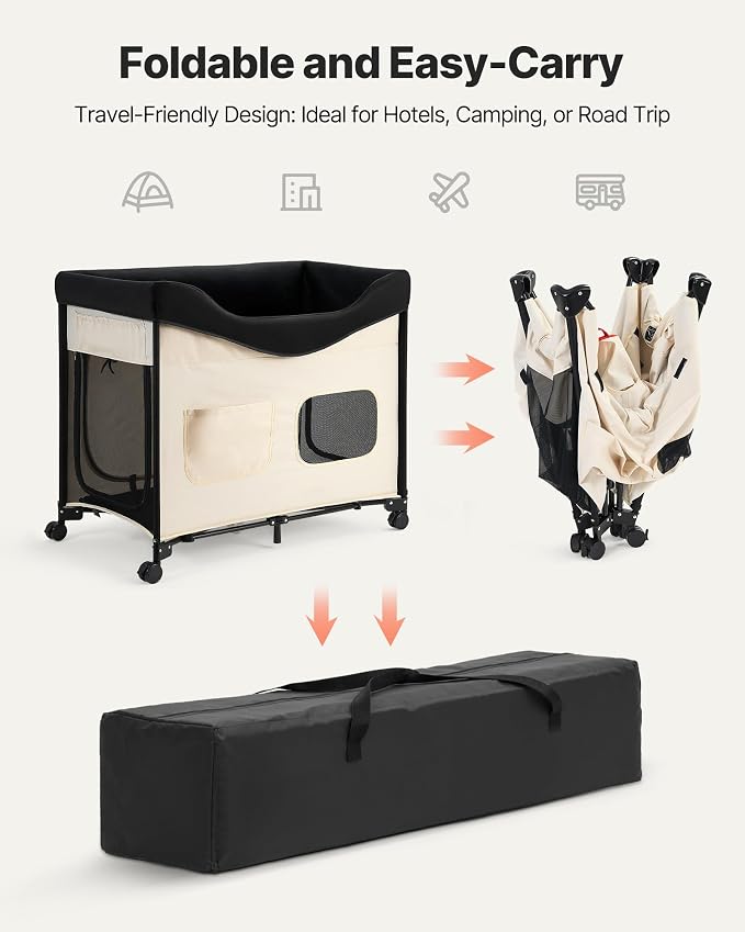 VEVOR Bedside Lounge Pet Bed, Foldable Bunk Dog Bed with 600D Oxford Cloth and Dutch Velvet, Portable Raised Cot with Wheels, Side Storage Bags, and Carry Bag for Cats & Dogs, XL, Beige