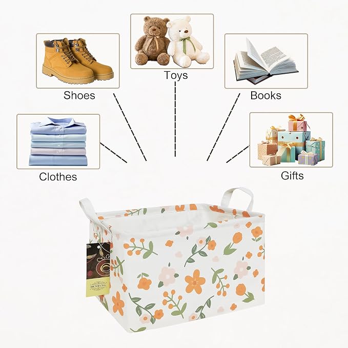 Rectangle Foldable Storage Basket Handles For Home, Orange Flower | Waterproof canvas material, reinforced handles, perfect for shelf use, organizes clothes, daily items and pet supplies