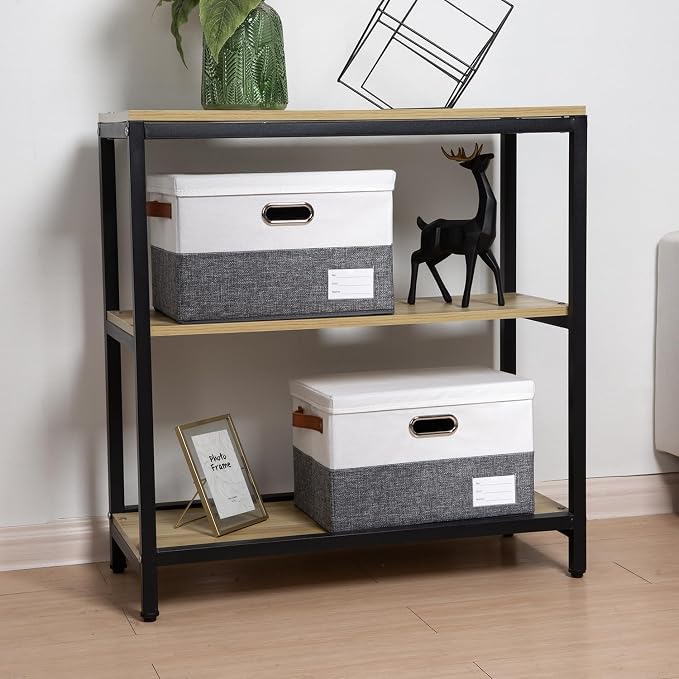 Foldable Storage Bins with Lids [3-Pack] Fabric Collapsible Storage Boxes Baskets Cubes Containers with Handles for Closet Living Room Bedroom (Grey & White 14.9x9.8x9.8'')
