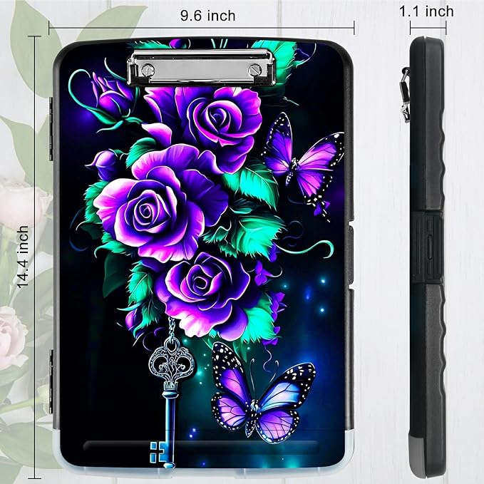 Purple Roses 02 A4 Clipboard with Storage Pen Holder, Clipboards Organizer Nursing Clipboard Foldable File Folder Plastic Clipboard Folio Clip Board for Office Students Classroom Doctor