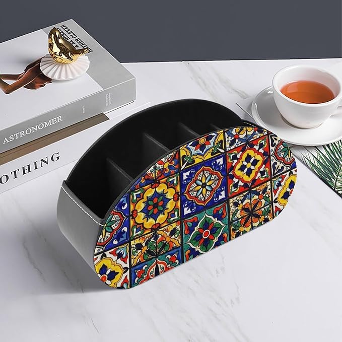 Desktop Remote Control Holder Mexican Talavera Tile Storage Cup Caddy Box | Table Desk Organizers with 5 Compartments, Mexican Talavera Tile Colorful Floral Mexican, Multi-functional Office Supplies