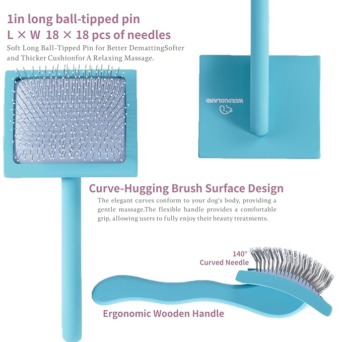 Gently Grooming Slicker Brush with Coated Tips for Long-Haired Dogs-Ergonomic Wooden Handle, Long Pins for Grooming Goldendoodles Poodles Blue
