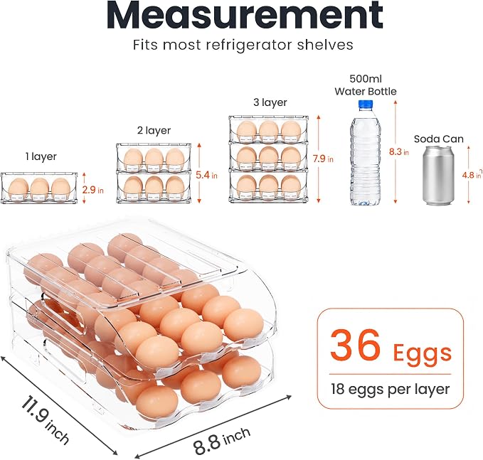 SMRCAD 36-Egg Dispenser with Silicone Bumpers, Auto-Rolling, Stackable | BPA-free food-grade PET | Stackable with lid | Built-in handle | Fits Large to Jumbo Eggs | Hand wash only