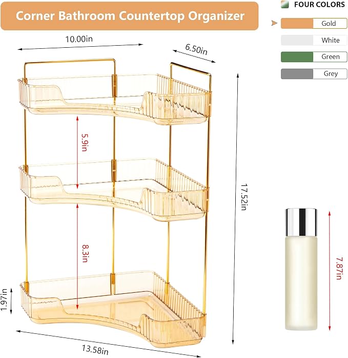Corner Bathroom Counter Organizer Bathroom Countertop Shelf Makeup Organizer for Vanity Perfume Tray for Corner Storage (3 Tiers, Gold)