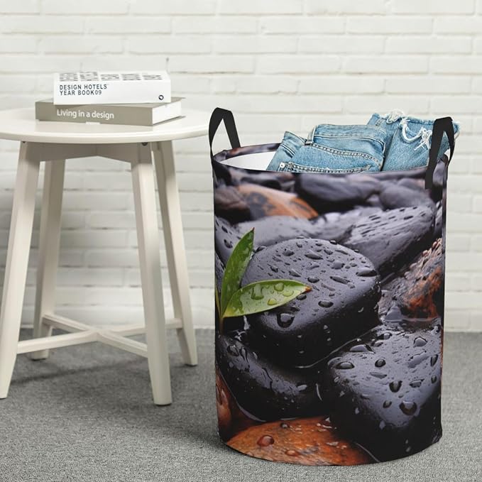 Rain Drops Over Rock print Laundry Hamper with Handle Waterproof Collapsible Organizer Baskets Circular Dirty Clothes Organizer Basket Portable Storage Bin for Bathroom Bedroom Dorm
