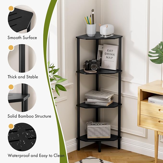Corner Shelf Stand, 4 Tier Corner Bookshelf, Bamboo Storage Standing Shelf Unit, Tall Storage Plant Stand,Bookcase for Living Room, Home Office, Bedroom, Kitchen, Black