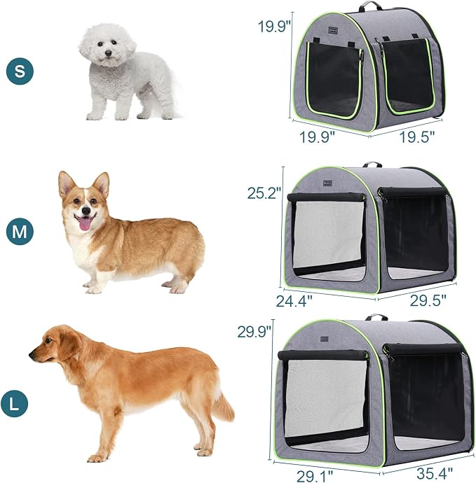 Petsfit Portable Dog Crate, Arch Design Escape Proof Collapsible Soft Sided Dog Crate Dog Kennel (Snowflake Gray with Fluorescent Green, 35.4" Lx29.1 Wx29.9 H)