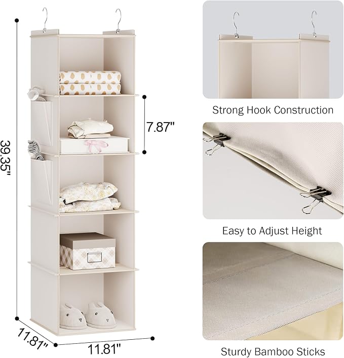 YOUDENOVA Hanging Closet Organizer and Storage for Clothes, 5-Shelf, Beige | Locker/RV/Camper Organizer, 2 Side Pockets, Hanging Shelves for Small Closet, Dorm Room Essentials for Guys, Non-woven Fabric