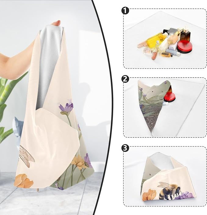JIPONI Lavender Bee Makeup Bag, Self-Adhesive Magic Wrap Cloth, Portable Cosmetic Organizer, Camera Lens Protector, Travel Storage for Beauty Essentials, 21.7"x21.7"