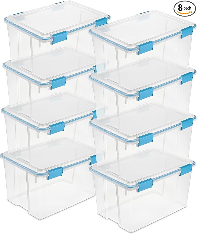 Sterilite Gasket Storage Box with Lids for Home & Office, 54 Quart, 8-Pack | Heavy-Duty, Stackable, and Organizing Containers for Bathroom, Cabinet, Closet, and Garage, Clear and Blue Aquarium Latches