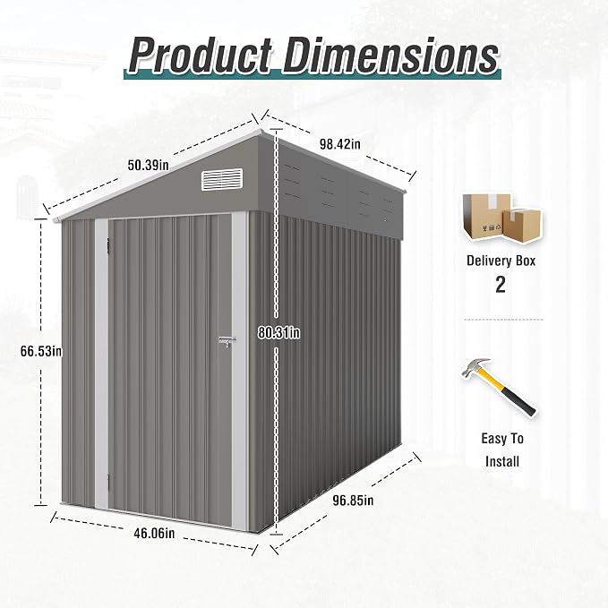 4x8FT Metal Storage Shed, Sloping Roof, Single Hinge Door,Dark Gray | Outdoor Tool Shed | Ventilation Windows | Waterproof | Protective Film | for Patio, Lawn and Utility Equipment