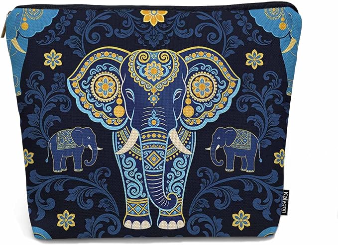 Elephant Makeup Bag - Adorable Cosmetic Bag, Day Of The Dead Sugar Skull Elephant Blue Zipper Bag Travel Toiletry Organizer Pouch For Gym Bathroom