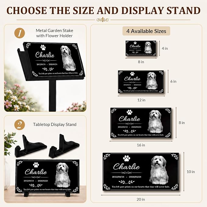Personalized Pet Memorial Stone, Custom Granite Pet Grave Marker | for Dogs & Cats , Engraved Memorial Plaque with Photo Name Dates & Message, Indoor Outdoor Garden or Tabletop Display