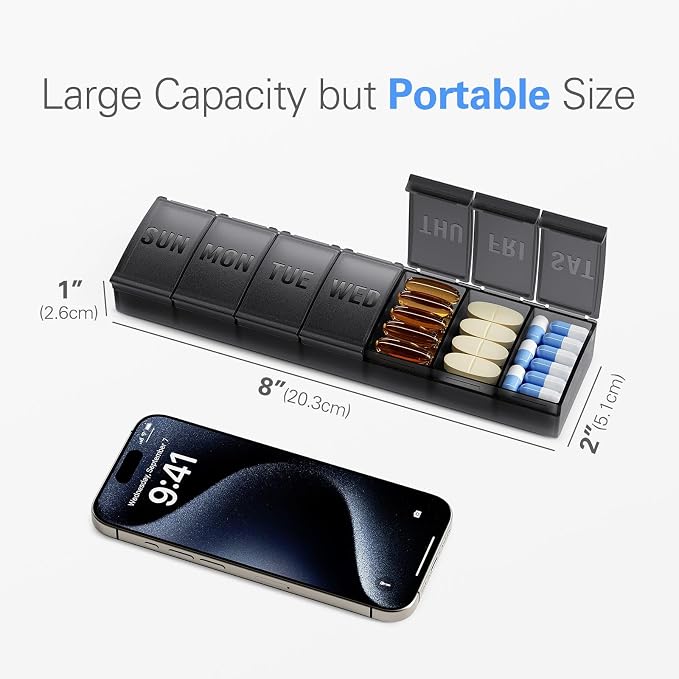 Barhon Pill Organizer Large, Weekly Medicine Pill Organizers, 7 Day Pills Box Case Travel for Big Vitamin Supplements Fish Oil, Gray