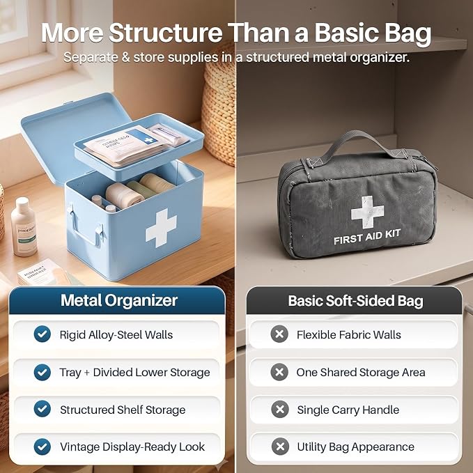 Flexzion Large Metal First Aid Box Empty, 8.5-Inch, Blue with White Cross | Vintage Medicine Box and First Aid Storage Organizer with Removable Tray and Dividers; Empty Box Only, Supplies Not Included