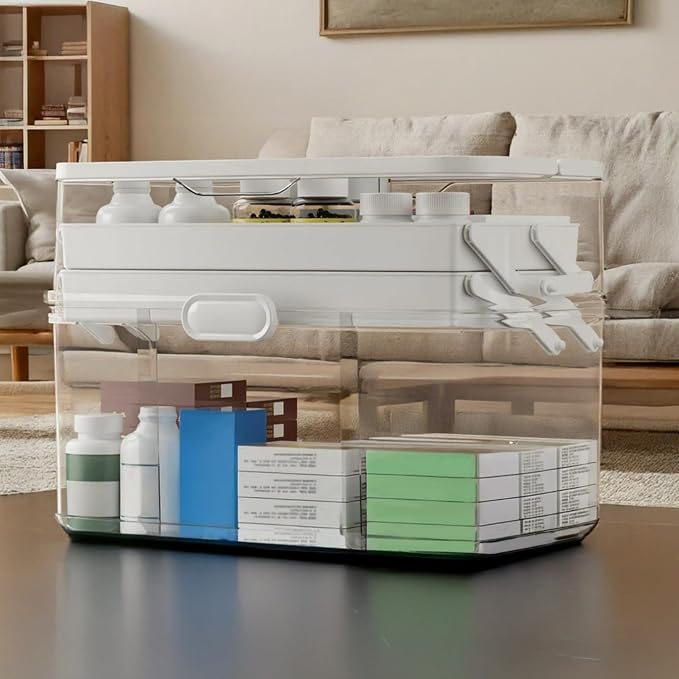 Medicine Storage Box, Large Capacity Portable Organizer with Handle, Three-Layer Medicine Box Organizer for Cabinet, Foldable Medicine Organizer for Home and Travel, with Removable Mini Case