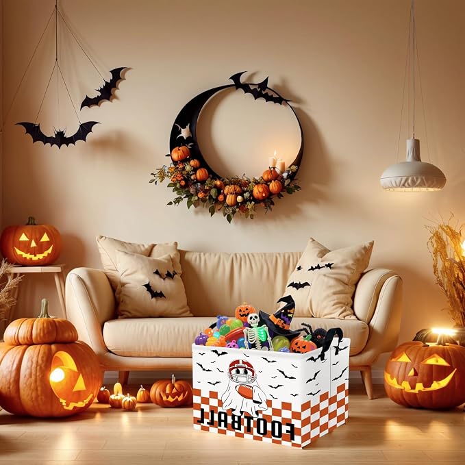 Halloween Basket Gift Cute Ghost Parties Decor Kid Trick or Treat Basket for Boys and Girls Rectangular Storage Bin Box (Football Bat)