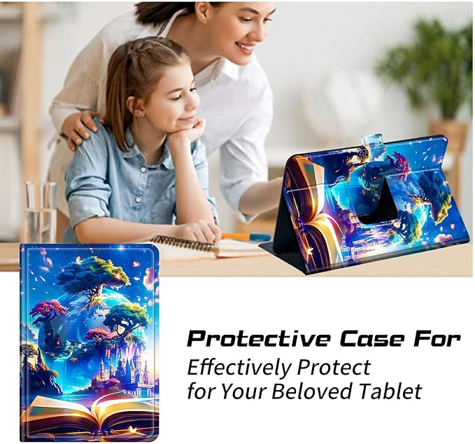 Universal Tablet Case for T-Mobile Revvl Tab 2 10.1" Model:9185W 2025/Revvl Tab 5G 10.36" 2023, 360 Degree Rotating Kickstand Protective Stand Leather Shell Cover for 9"-10.5", Book Trees