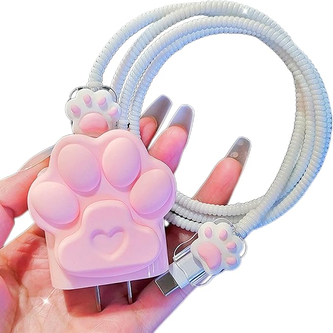 DIY Charger Cover for iPhone Cord Protector with Cat Paw Design,Soft Girly Kawaii Cat Claw Charging iPhone Charger Protector iPad Charger Protector Cute Cable Saver for iPhone 18W/20W Charger-Pink