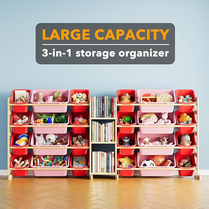 SpaceAid Large Toy Storage Organizer with 24 Bins and 3 Shelves, Toy Organizers Storage Bookshelf, Kids Bin Shelf Box Bookcase for Bedroom Playroom Organization Room Decor, Red and Pink