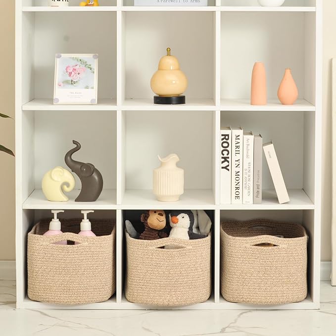 ICERZCZ Large Storage Baskets for Organizing Shelves, Woven Cotton Rope Bins for Baby Nursery Organization, Book Toy Towel Organizer, 17"x13"x9.5", 3 Packs, Brown