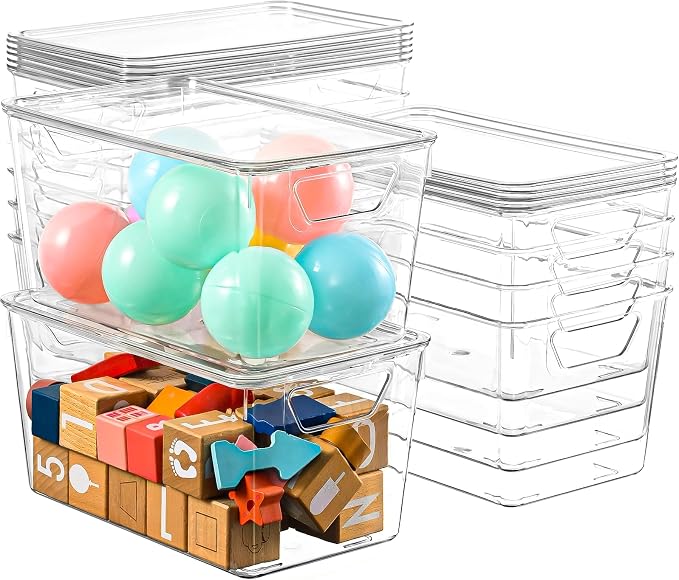Freebat 12 Pack Clear Storage Bins with Lids, Middle Pantry 0rganizer Bins | Stackable Plastic Storage Containers, Pantry Organization for Office, Bedroom, Cabinet, Fridge,Kitchen Organization