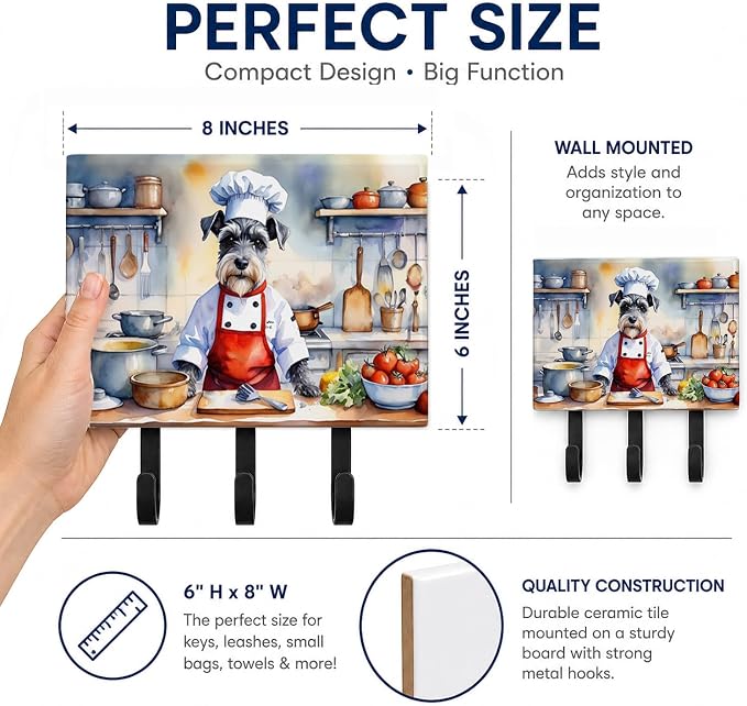Caroline's Treasures Schnauzer The Chef Leash or Key Holder Wall Hooks, Key Hooks Holder, Coat Rack Wall Mount, Coat Hooks, Hooks for Hanging Keys, Towels, Aprons, Leashes | Schnauzer The Chef artwork on ceramic tile with three steel hooks for keys, le...