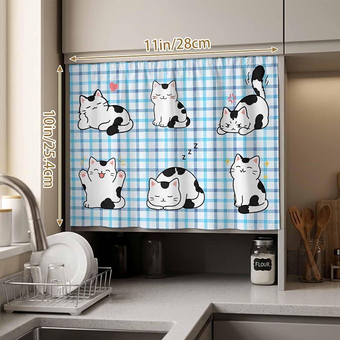 Cute Cat Small Sink Skirt 10"Wx11"L,Dustproof Under Sink Curtain with Self Adhesive Tape,Modern Playful Pet Cats Blue Purple Plaid Cabinet Curtain Cover for Bathroom Vanity,Kitchen Storage Shelf,RV