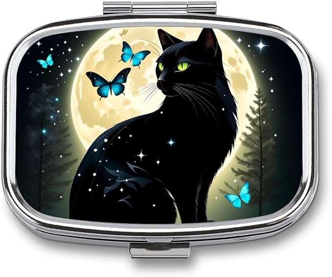 Black Cat and Butterfly Durable Metal Pill Case for Daily Use, 2 Slot Medicine Box Organizer,Leak Proof Travel Pill Container for Vitamins, Compact Pocket Medicine Holder for Seniors,Holiday Gift