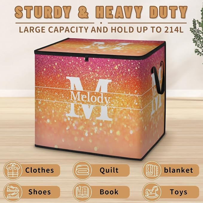 Personalized Name Foldable Storage Basket Cubes with Lid, Initial Letter Comforters Bedding Storage Bin with Handles for Shelf Home Closet, Gradient Pink Orange Glittering Bling
