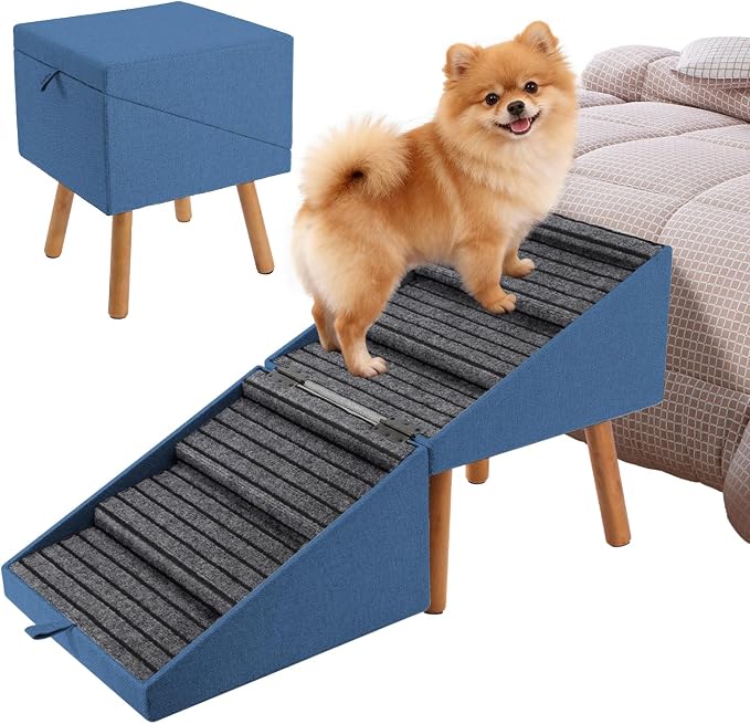 Dog Ramp for Bed & Couch, Dog Stairs 21.06 inches High for Large/Medium/Small Doggie, Foldable 2 in 1 Wooden Pet Steps for Puppy Older and Injured Dogs, Split Ottoman Design, No-Slip Surface