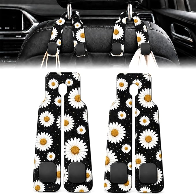 2 Pack Daisy Floral Car Headrest Hooks for Purse Bag Seat Back Hanger | White Daisy Car Accessories Metal Hook, Floral Gifts for Women, PU Leather Double Hook for Backseat Organizer