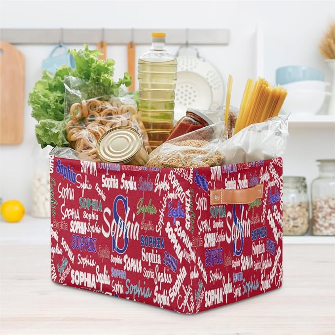 Personalized Storage Basket with Name, Rectangle Toys Storage Bin with Handles for Baby, Boys, Girls, Collapsible Basket for Clothes, Books, Solid Red Color