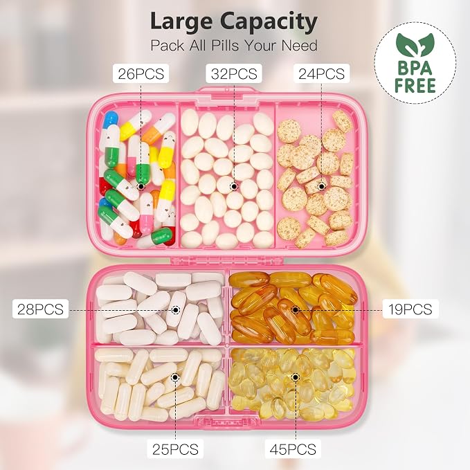 FYY Travel Pill Organizer, Large Weekly Medicine Pill Organizer-Hot Pink | Airtight Moistureproof Medicine Case, Easy to Use, 8 Compartment Pill Box for Vitamins, Fish Oil, Supplements, Mini First Aid
