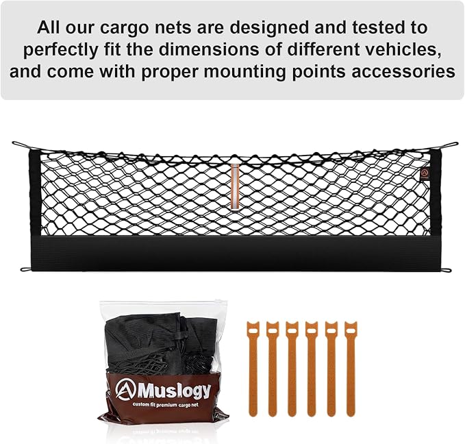 Muslogy Cargo Net for 2018-2025 2026 Toyota Camry Accessories | Custom Fit, Trunk Storage Organizer Net for SUV Sedan Van Divider, with Heavy Duty Carabiners, Night Visible Grab Handle