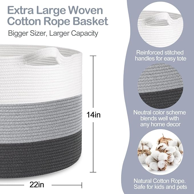 MEGASKET Extra Large Cotton Rope Basket, 22” X 22” X 14” Blanket Storage for Living Room, Soft Kids Dog Toy Bin Box, Woven Round Baskets for Organizing, Big XXL Blanket Pillow Holder Organizer