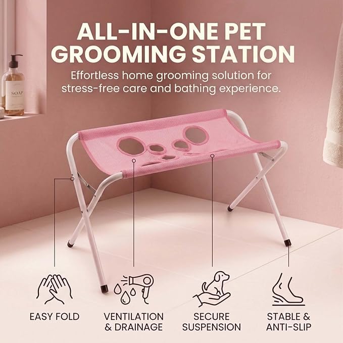 Pet Bathing Hammock, Foldable 8-Hole Grooming Stand for Small Pets (Pink) | Easier Pet Bathing, Less Scratches and Bites, Sturdy Frame Quick-Dry Mesh, Ideal for Dogs & Cats, Nail Trimming and Grooming